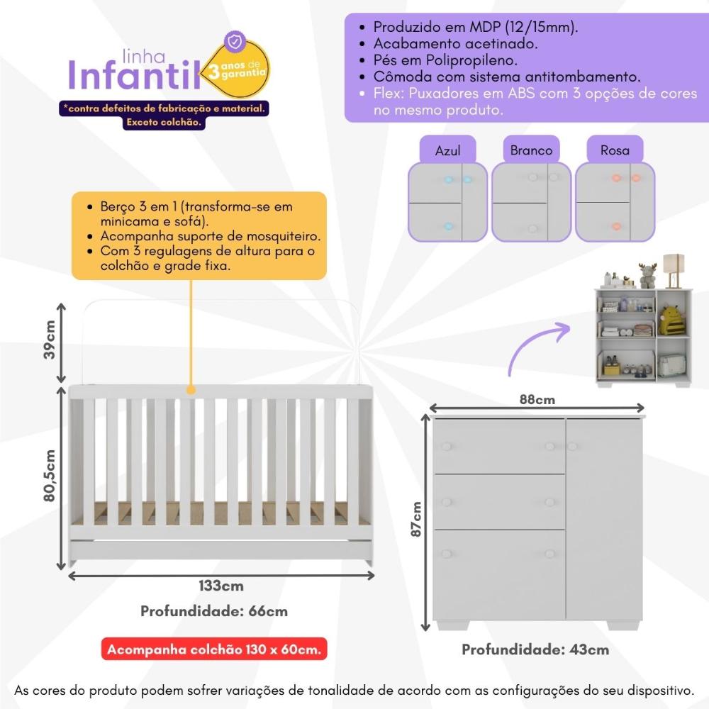 Quarto Infantil com Berço Colchão Incluso e Cômoda Algodão Doce Multimóveis MP4250 Branco