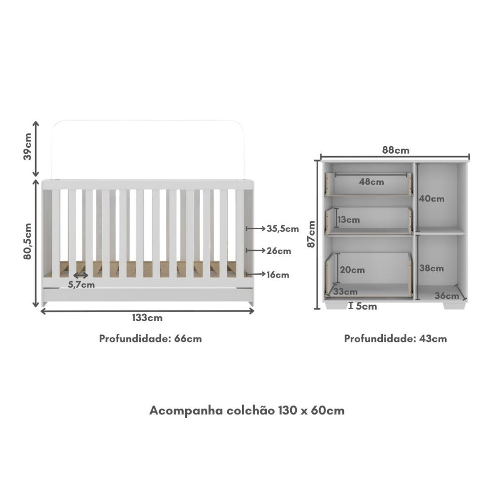 Quarto Infantil com Berço Colchão Incluso e Cômoda Algodão Doce Multimóveis MP4250 Branco