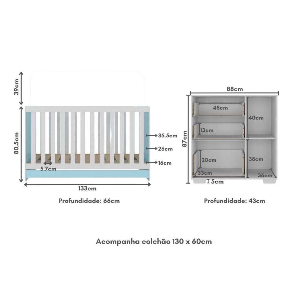 Quarto Infantil com Berço Colchão Incluso e Cômoda Algodão Doce Multimóveis MP4250 Branco/Azul