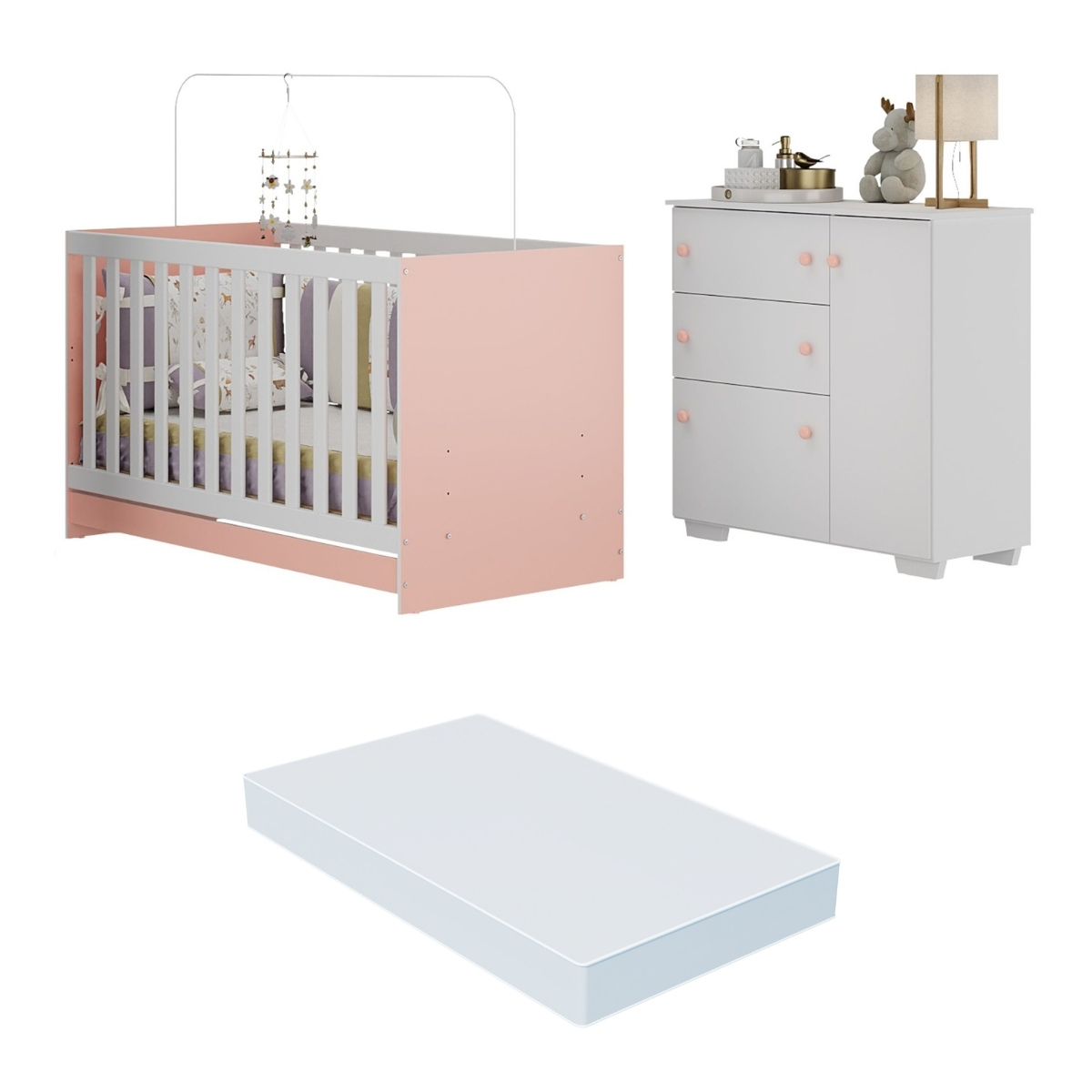 Quarto Infantil com Berço Colchão Incluso e Cômoda Algodão Doce Multimóveis MP4250 Branco/Rosa