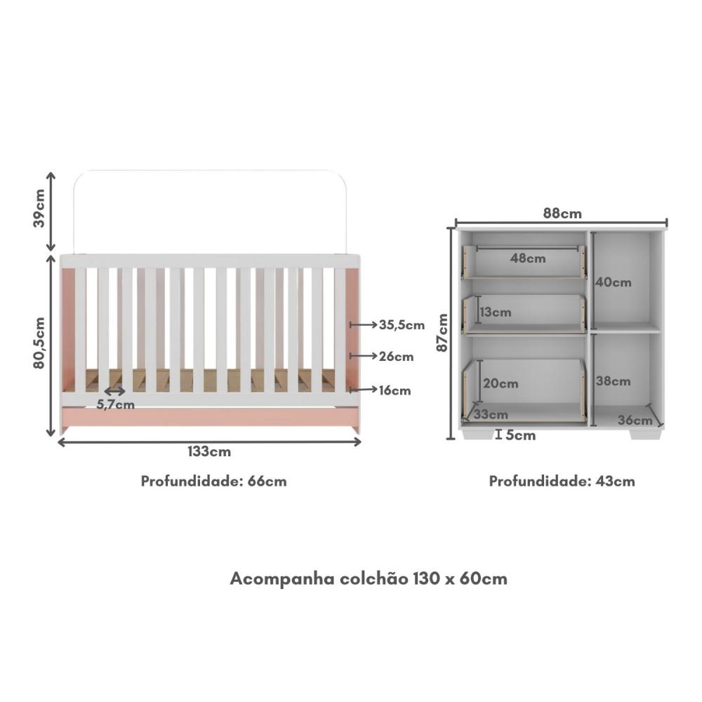 Quarto Infantil com Berço Colchão Incluso e Cômoda Algodão Doce Multimóveis MP4250 Branco/Rosa