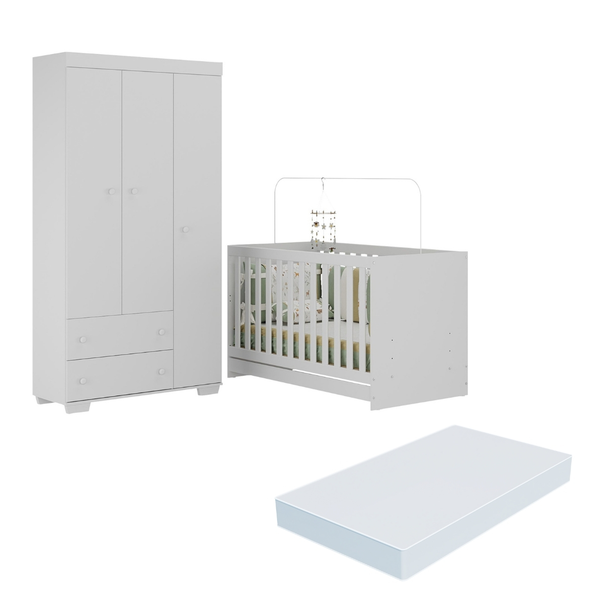 Quarto Infantil com Berço Colchão Incluso e Guarda-Roupas Algodão Doce Multimóveis MP4248 Branco