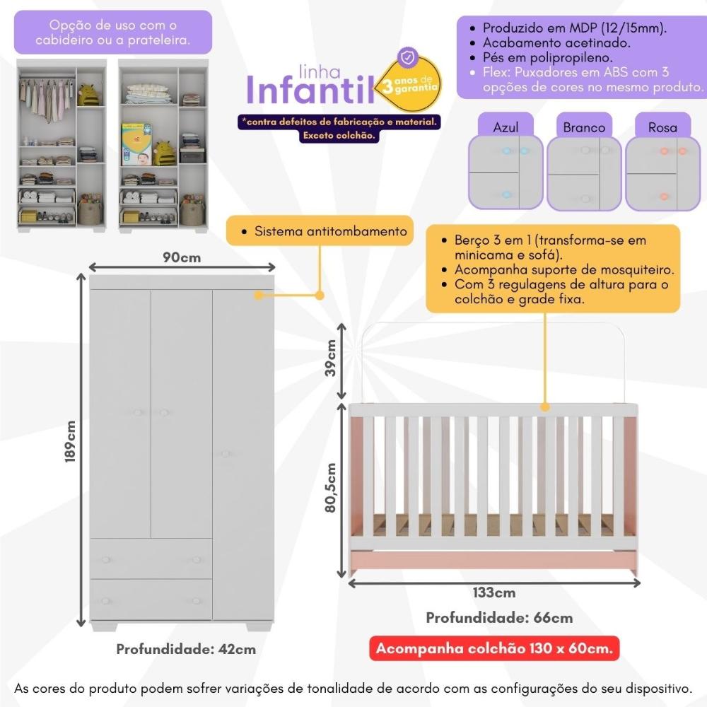 Quarto Infantil com Berço Colchão Incluso e Guarda-Roupas Algodão Doce Multimóveis MP4248 Branco/Rosa