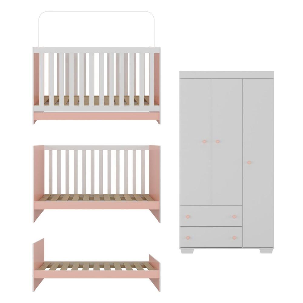 Quarto Infantil com Berço Colchão Incluso e Guarda-Roupas Algodão Doce Multimóveis MP4248 Branco/Rosa
