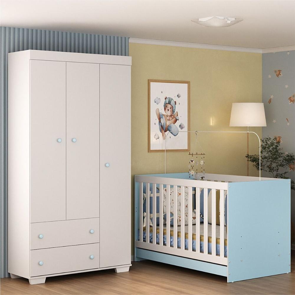 Quarto Infantil com Berço Colchão Incluso e Guarda-Roupas Algodão Doce Multimóveis MP4248 BrancoAzul