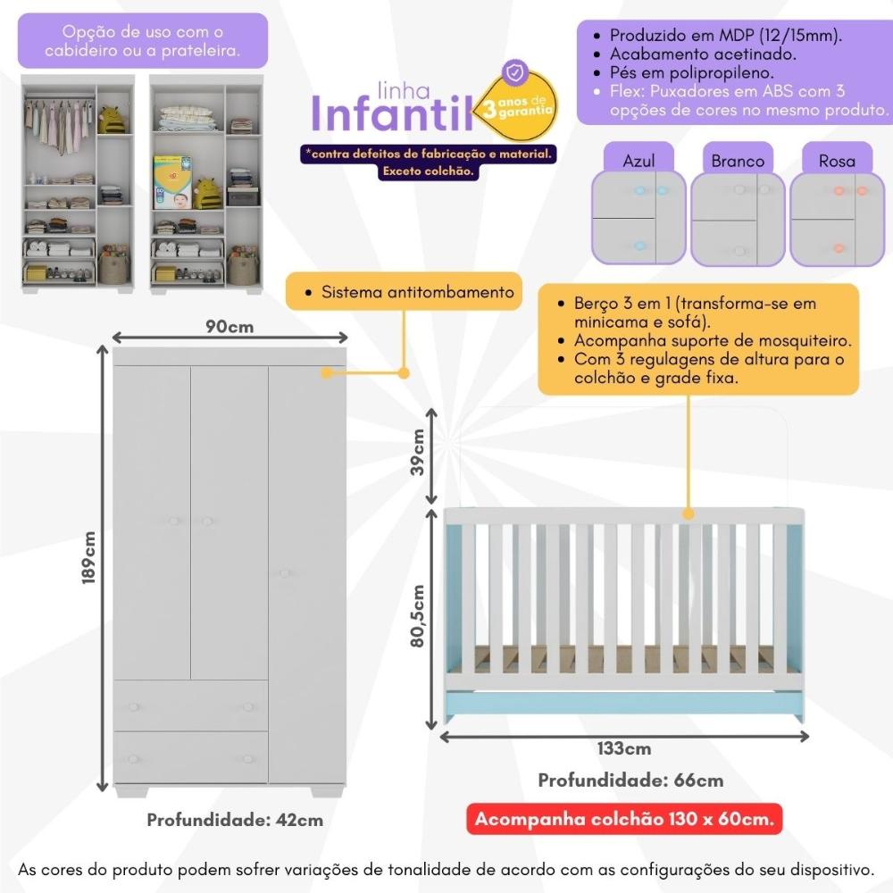 Quarto Infantil com Berço Colchão Incluso e Guarda-Roupas Algodão Doce Multimóveis MP4248 BrancoAzul