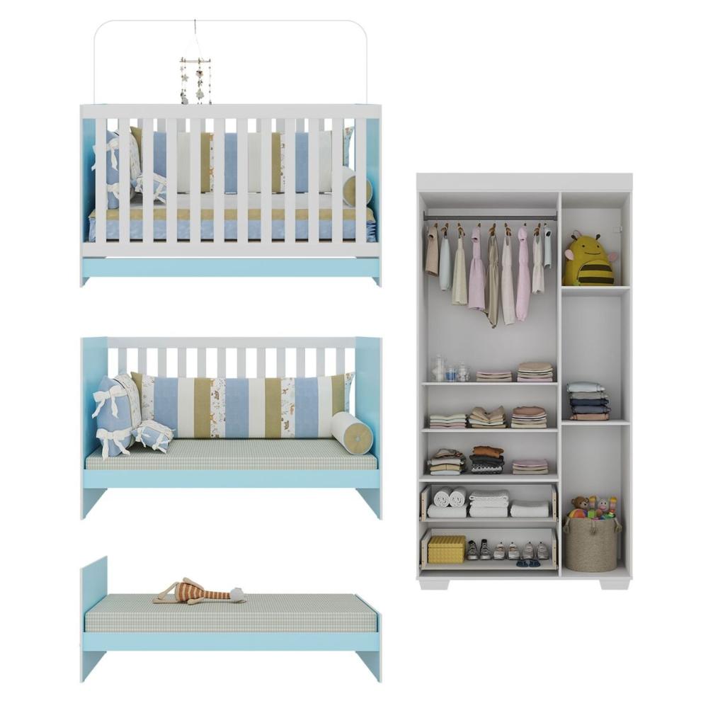 Quarto Infantil com Berço Colchão Incluso e Guarda-Roupas Algodão Doce Multimóveis MP4248 BrancoAzul