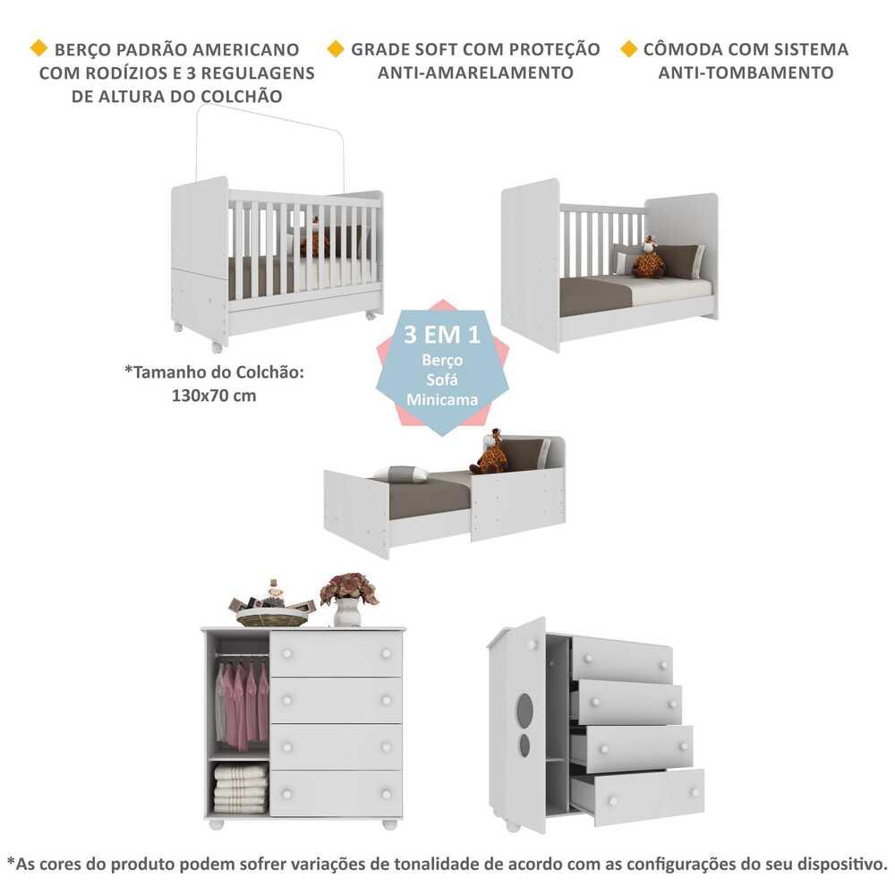 Quarto Infantil com Berço e Cômoda Pimpolho Multimóveis Branco