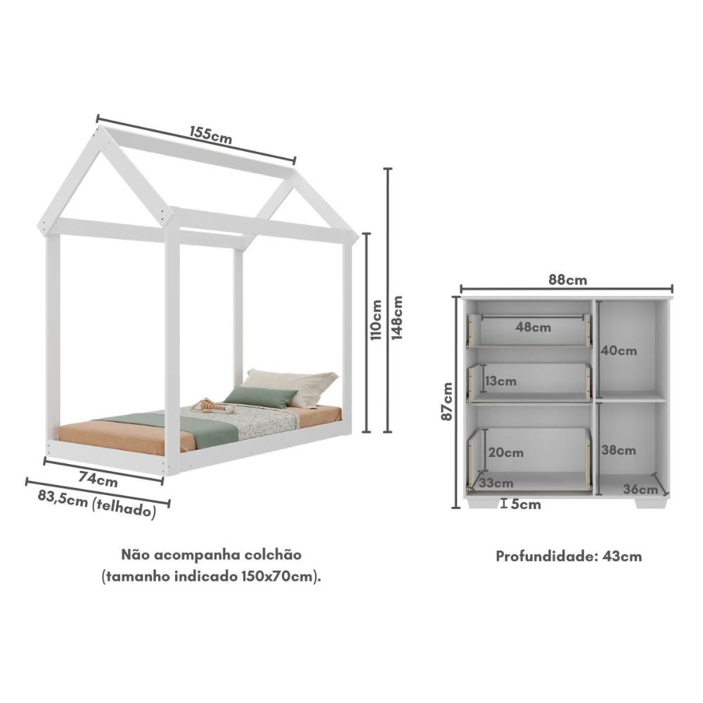 Quarto Infantil com Cama Montessoriana e Cômoda Flex Algodão Doce Multimóveis MX4277 Branco