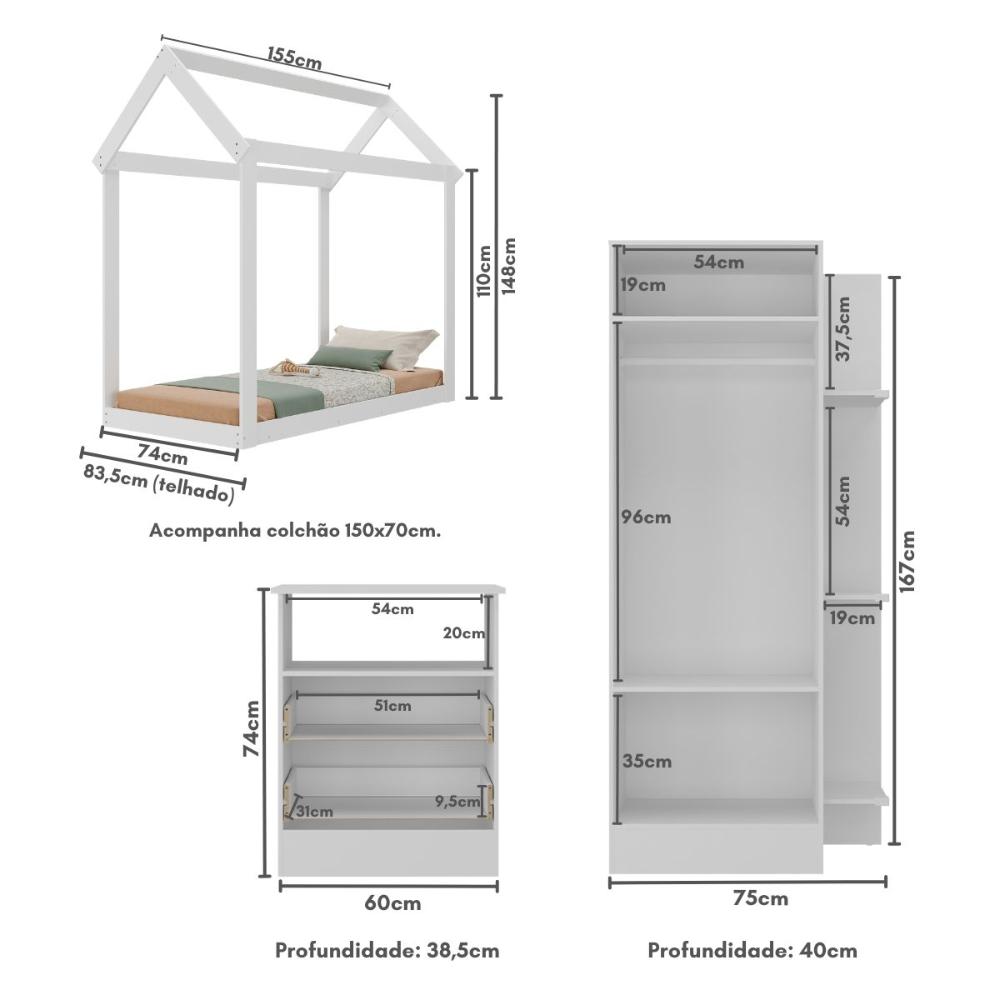 Quarto Infantil com Cama Montessoriana e Colchão Incluso Encanto Multimóveis MX4284 Branco