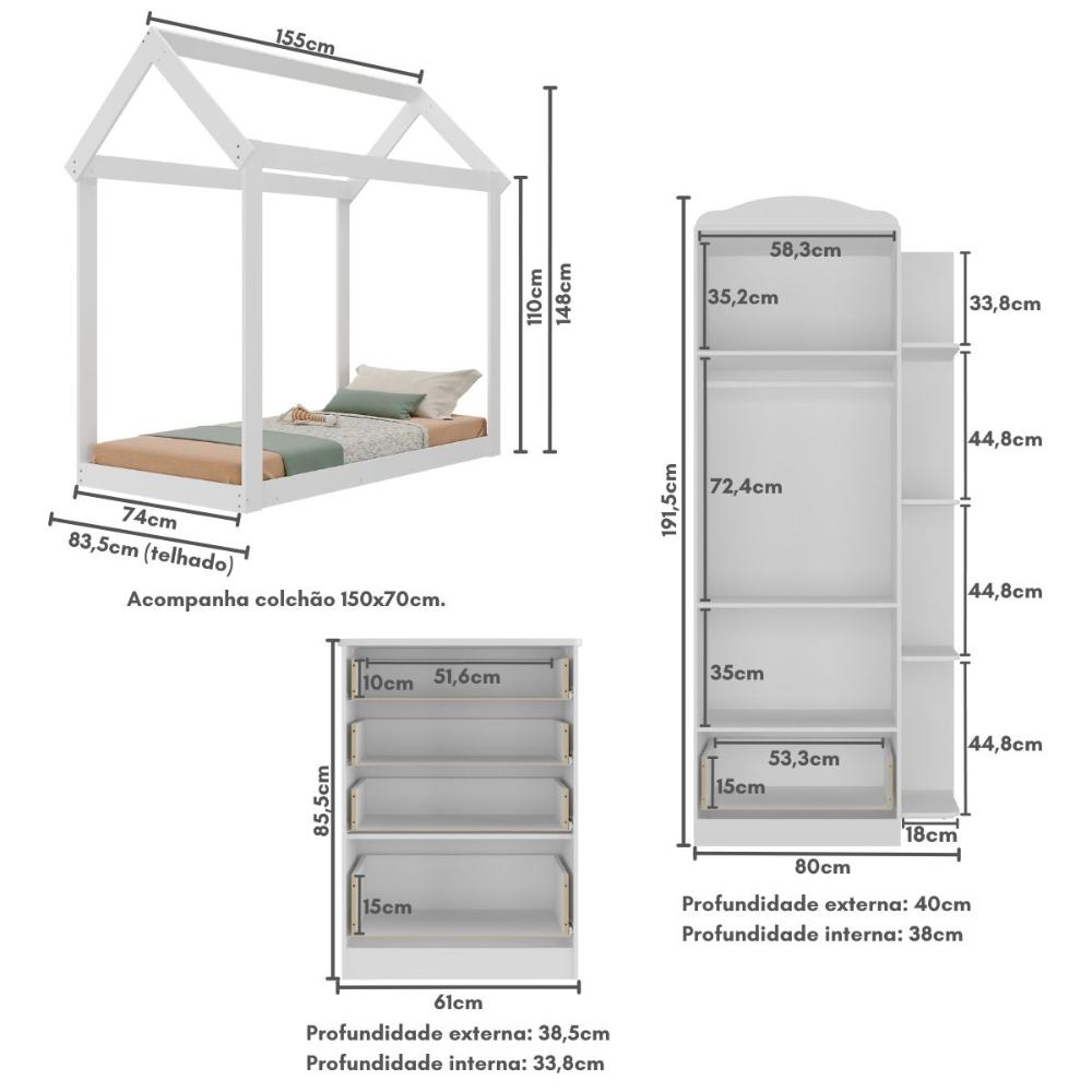 Quarto Infantil com Cama Montessoriana e Colchão Incluso João e Maria Multimóveis MX4266 Branco