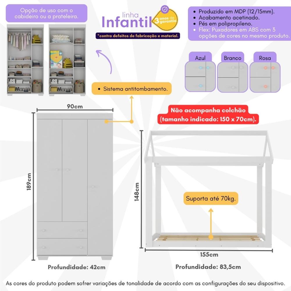 Quarto Infantil com Cama Montessoriana e Guarda-Roupas Algodão Doce Multimóveis MX4275 Branco