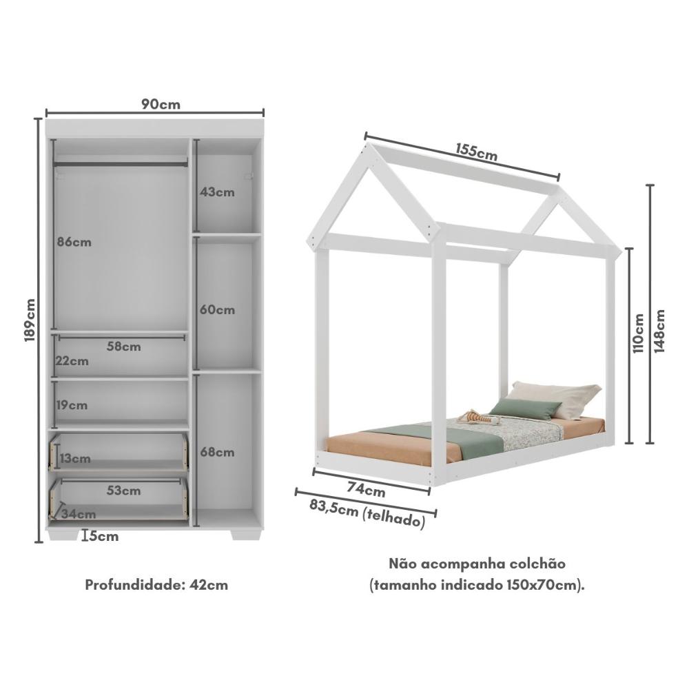 Quarto Infantil com Cama Montessoriana e Guarda-Roupas Algodão Doce Multimóveis MX4275 Branco