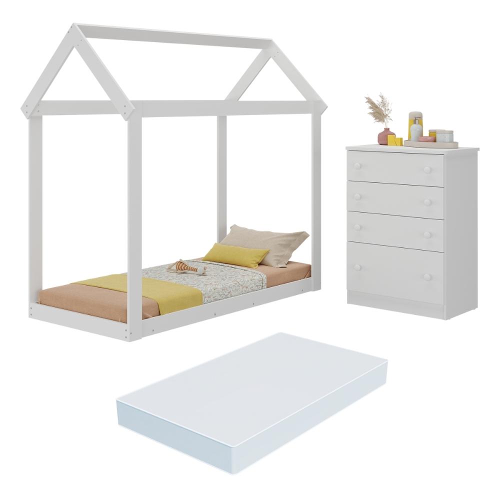 Quarto Infantil com Cama Montessoriana/Colchão/Cômoda Flex João e Maria Multimóveis MX4274 Branco