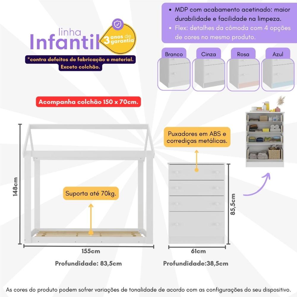 Quarto Infantil com Cama Montessoriana/Colchão/Cômoda Flex João e Maria Multimóveis MX4274 Branco