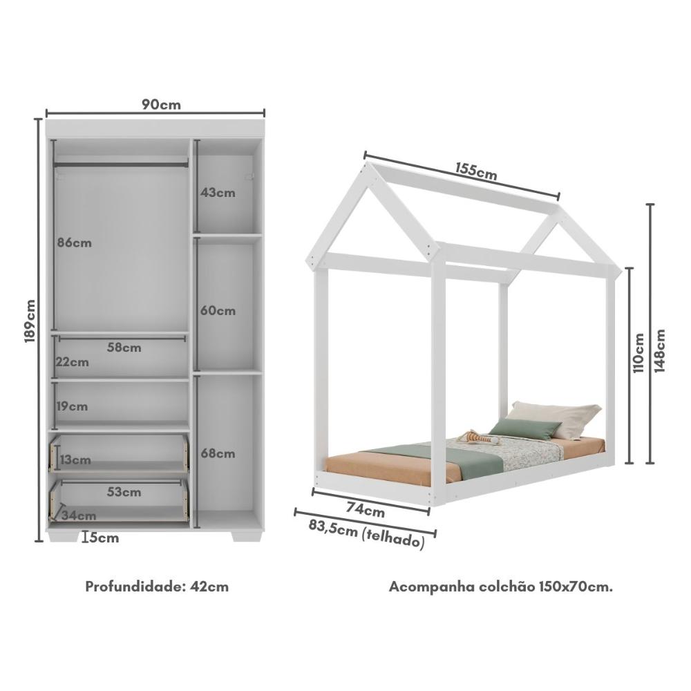 Quarto Infantil com Cama Montessoriana/Colchão/Guarda-Roupas Algodão Doce Multimóveis MX4276 Branco