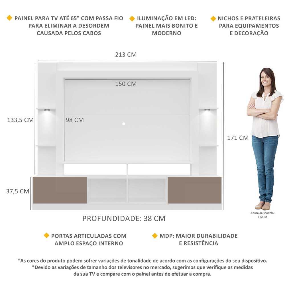 Rack Estante TV 65" com Leds Berlim Multimóveis Branco/Lacca Fumê