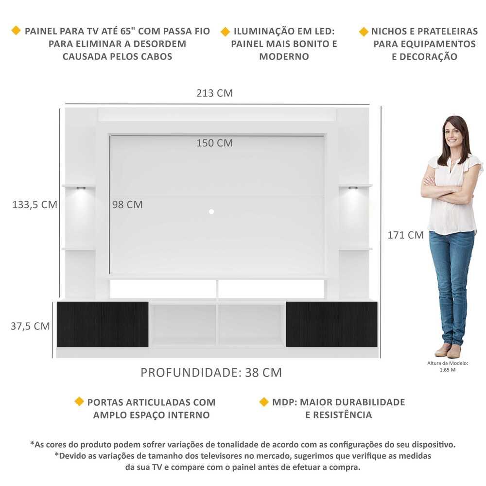 Rack Estante TV 65" com Leds Berlim Multimóveis Branco/Preto