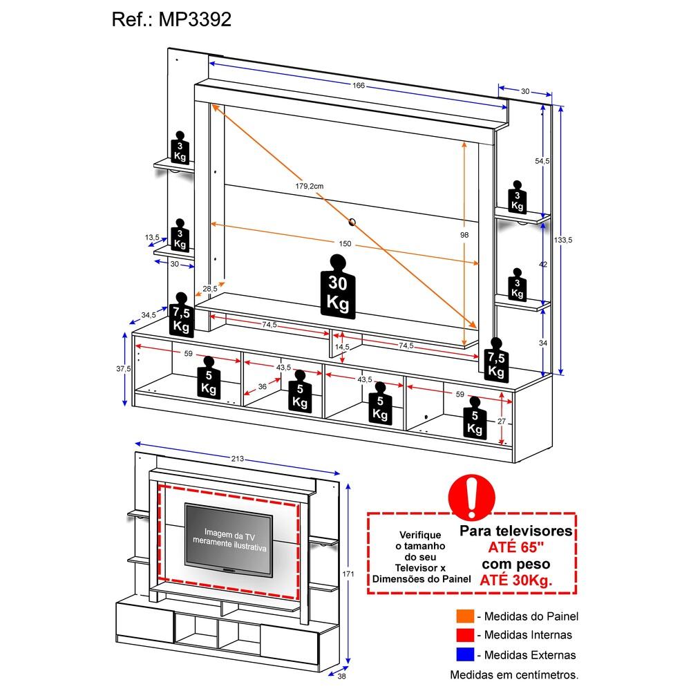 Rack Estante TV 65" com Leds Berlim Multimóveis Branco/Preto