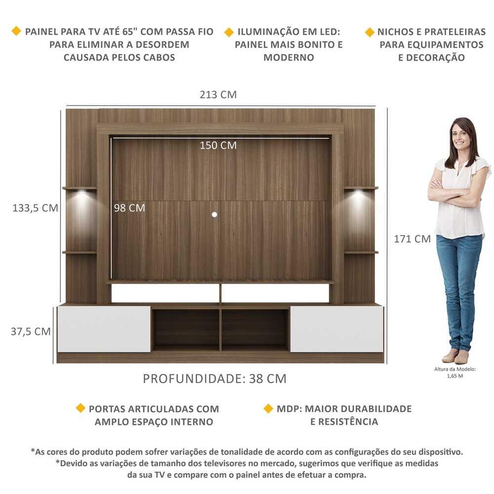 Rack Estante TV 65" com Leds Berlim Multimóveis Madeirado/Branco