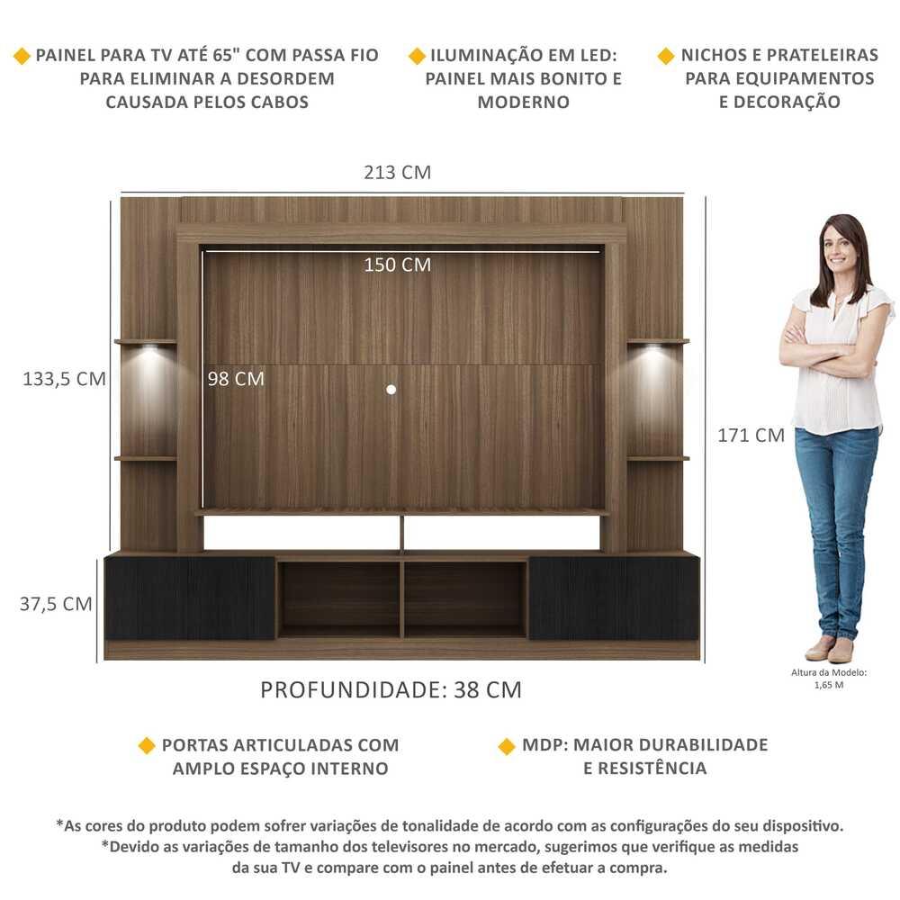 Rack Estante TV 65" com Leds Berlim Multimóveis Madeirado/Preto
