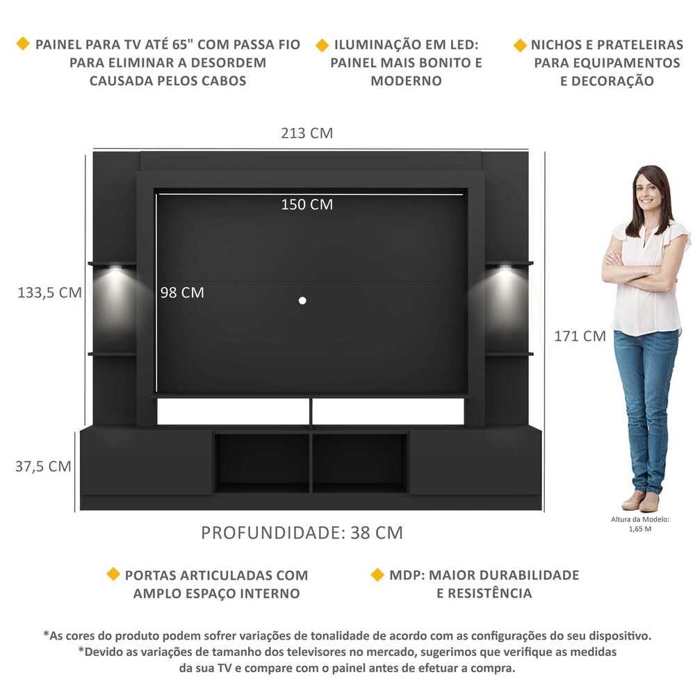 Rack Estante TV 65" com Leds Berlim Multimóveis Preto