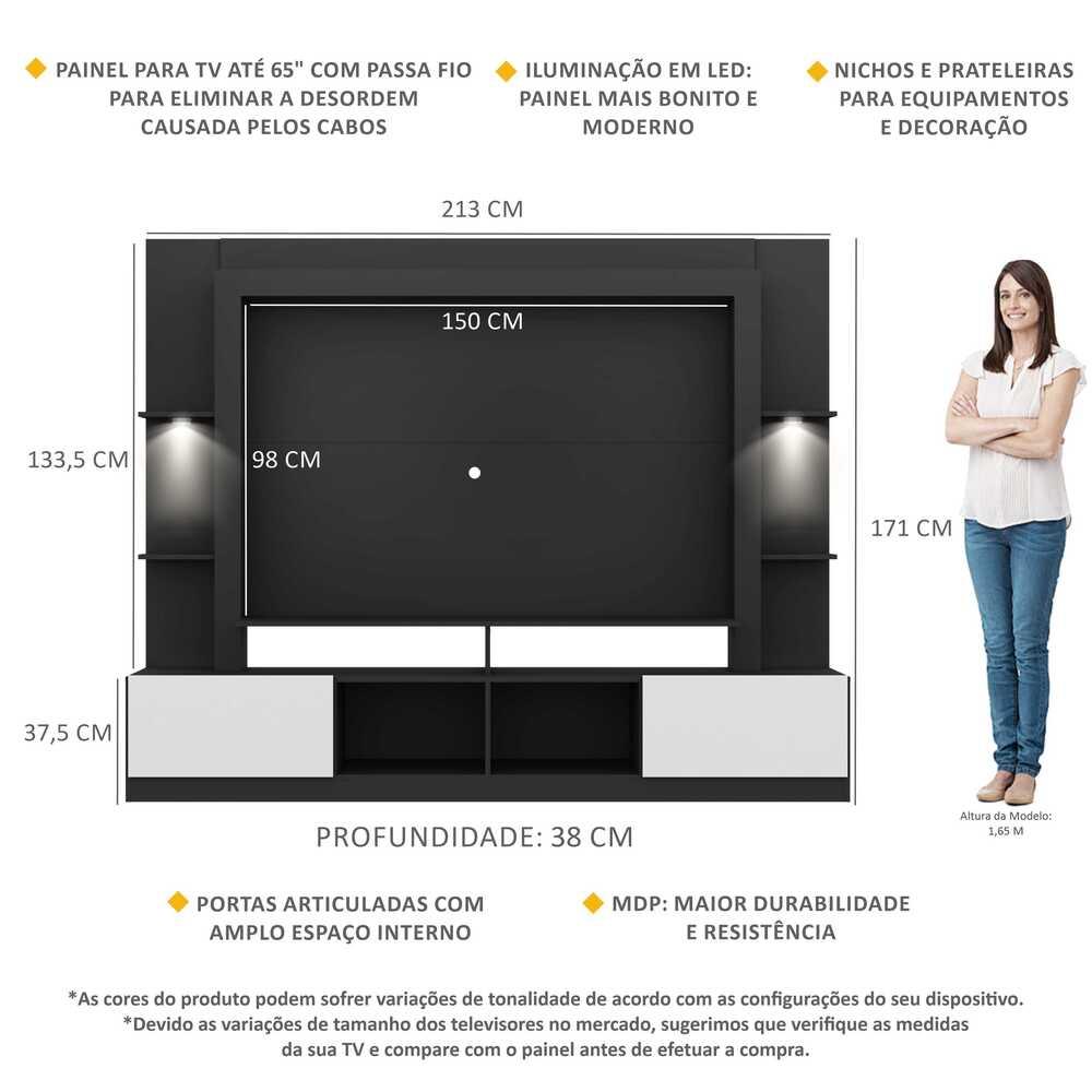 Rack Estante TV 65" com Leds Berlim Multimóveis Preto/Branco