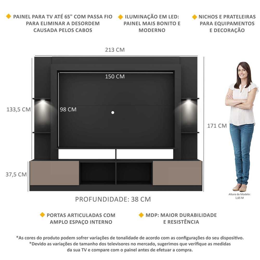 Rack Estante TV 65" com Leds Berlim Multimóveis Preto/Lacca Fumê
