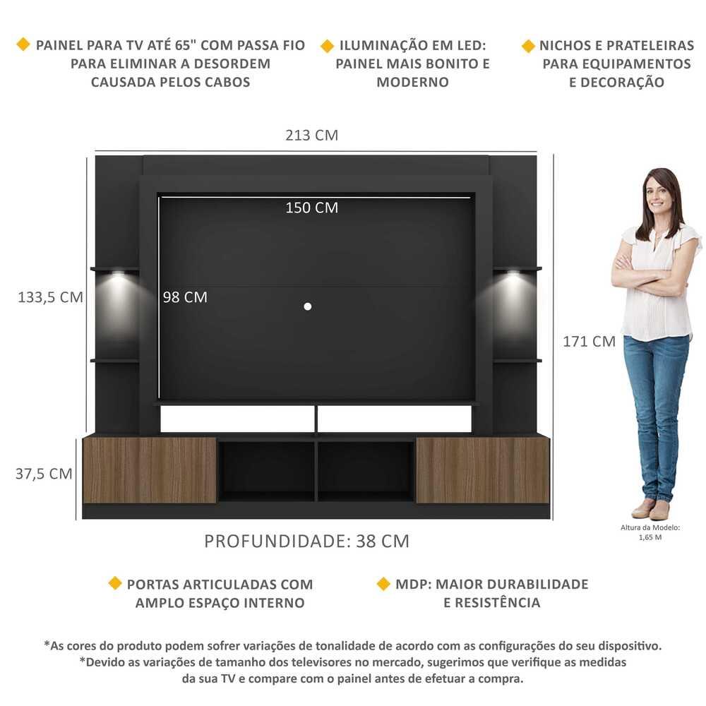 Rack Estante TV 65" com Leds Berlim Multimóveis Preto/Madeirado