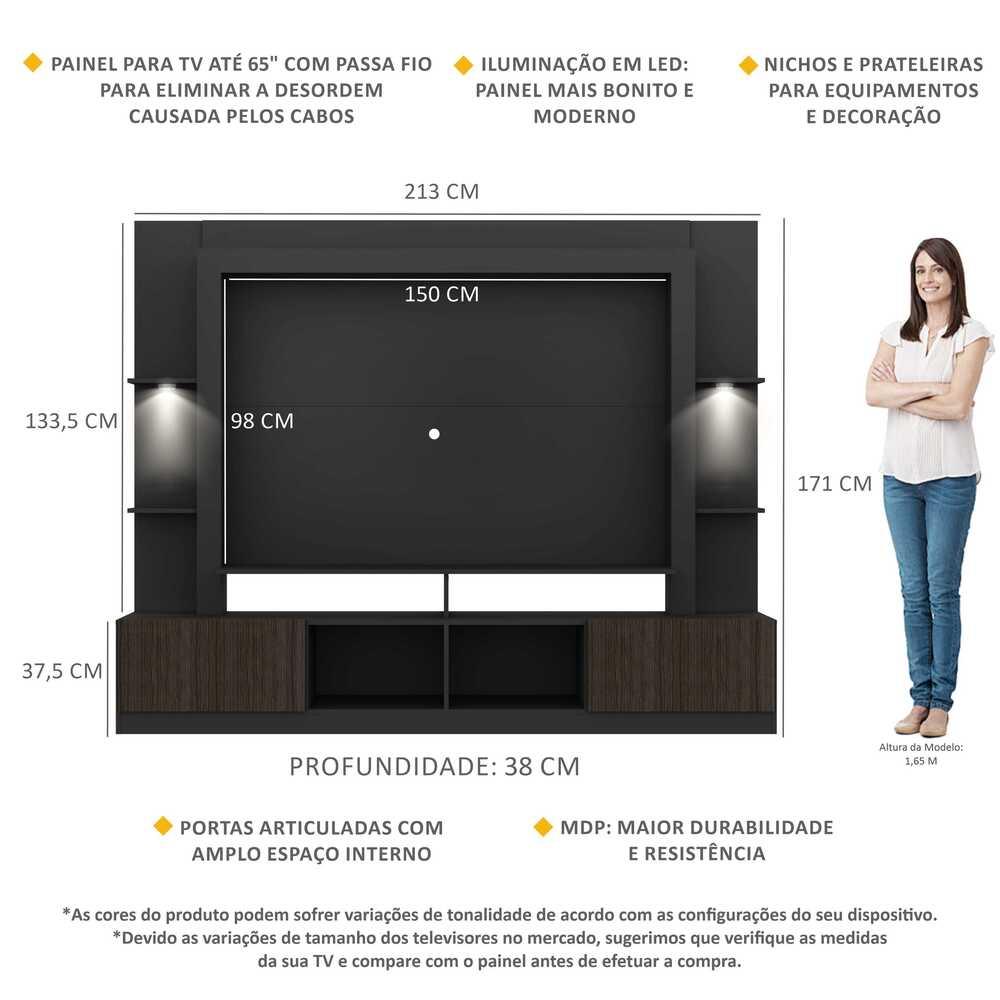 Rack Estante TV 65" com Leds Berlim Multimóveis Preto/Tenerife