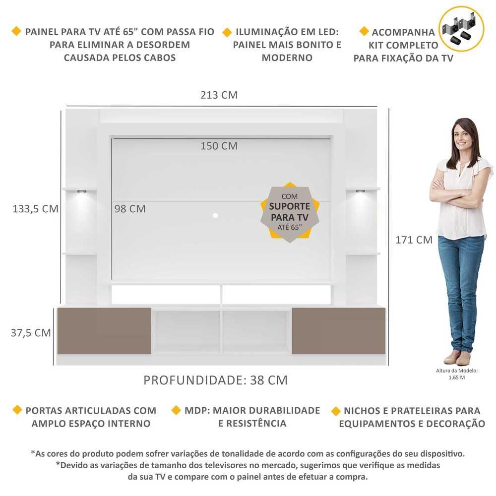 Rack Estante c/ Suporte TV 65" e Leds Berlim Multimóveis Branco/Lacca Fumê