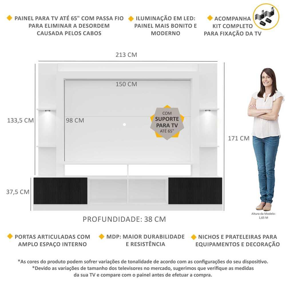 Rack Estante c/ Suporte TV 65" e Leds Berlim Multimóveis Branco/Preto