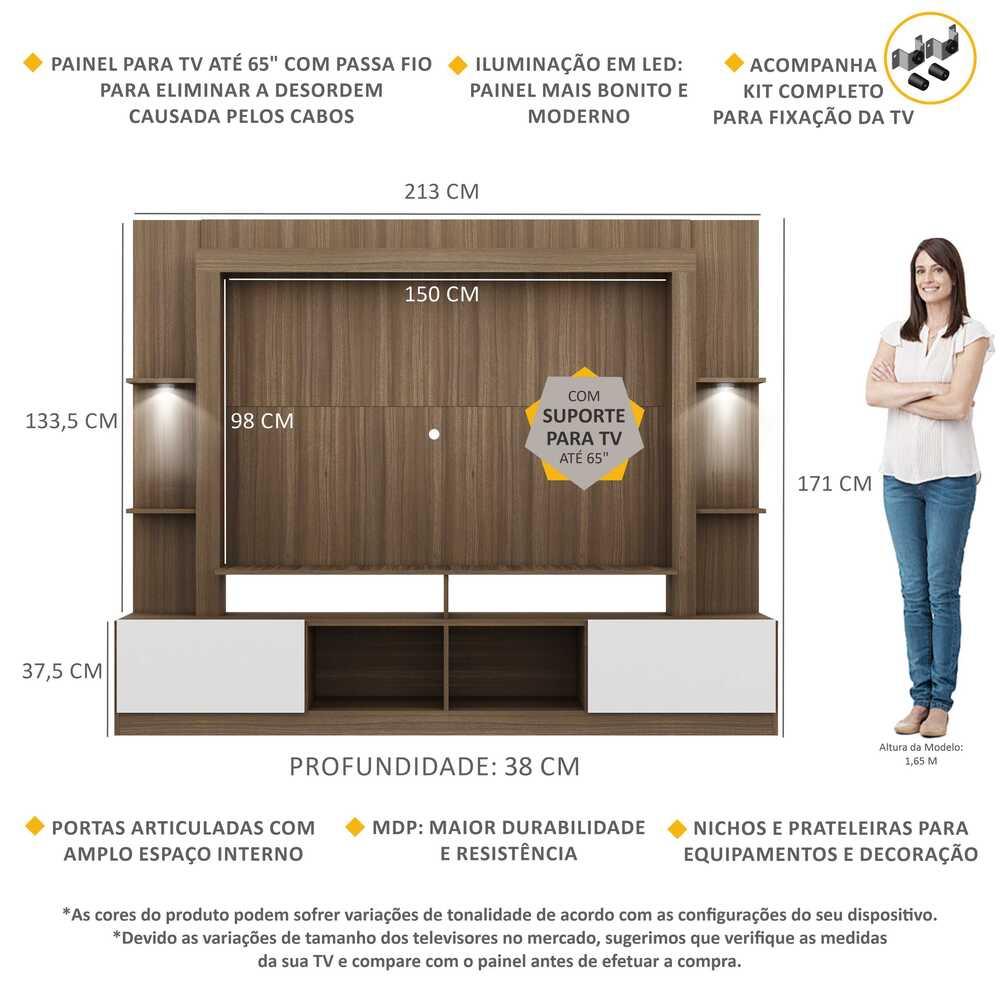 Rack Estante c/ Suporte TV 65" e Leds Berlim Multimóveis Madeirado/Branco