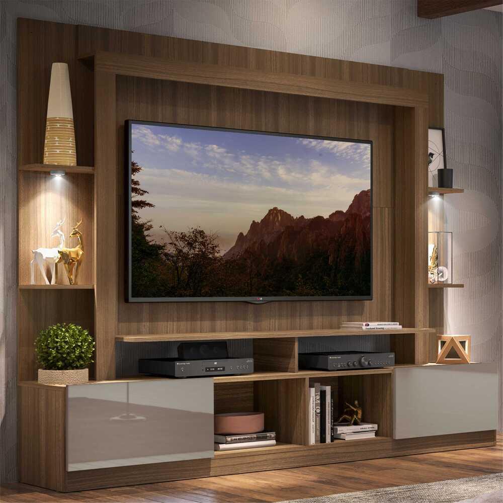 Rack Estante c/ Suporte TV 65" e Leds Berlim Multimóveis Madeirado/Lacca Fumê