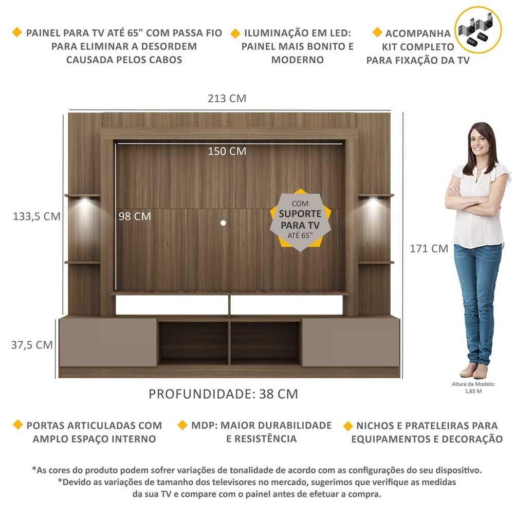 Rack Estante c/ Suporte TV 65" e Leds Berlim Multimóveis Madeirado/Lacca Fumê