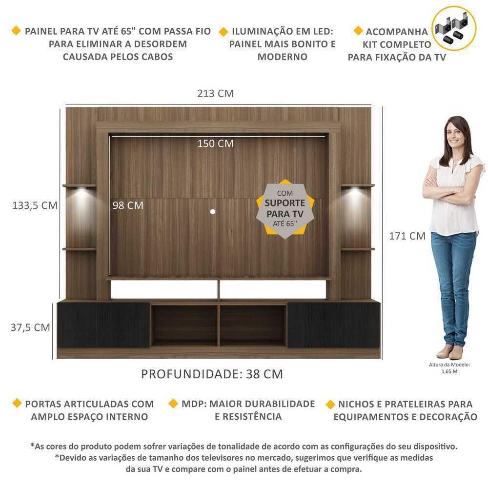 Rack Estante c/ Suporte TV 65" e Leds Berlim Multimóveis Madeirado/Preto