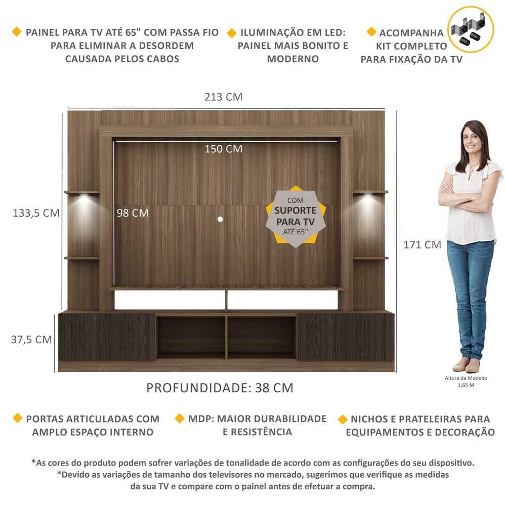 Rack Estante c/ Suporte TV 65" e Leds Berlim Multimóveis Madeirado/Tenerife