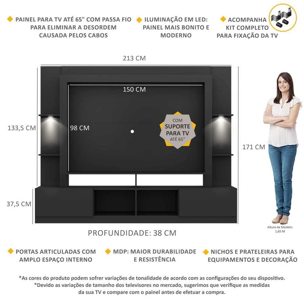 Rack Estante c/ Suporte TV 65" e Leds Berlim Multimóveis Preto