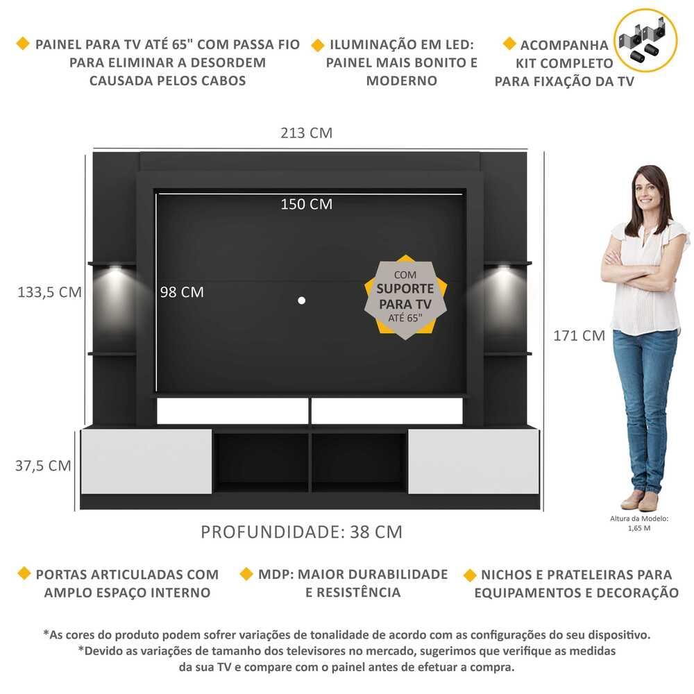 Rack Estante c/ Suporte TV 65" e Leds Berlim Multimóveis Preto/Branco