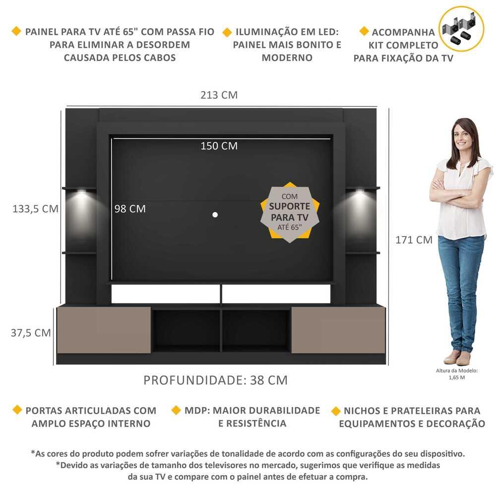 Rack Estante c/ Suporte TV 65" e Leds Berlim Multimóveis Preto/Lacca Fumê