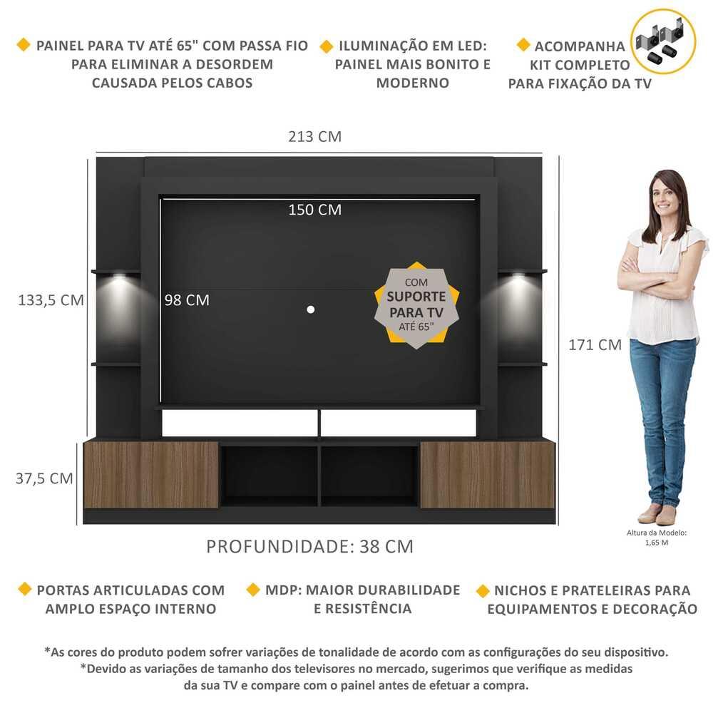 Rack Estante c/ Suporte TV 65" e Leds Berlim Multimóveis Preto/Madeirado