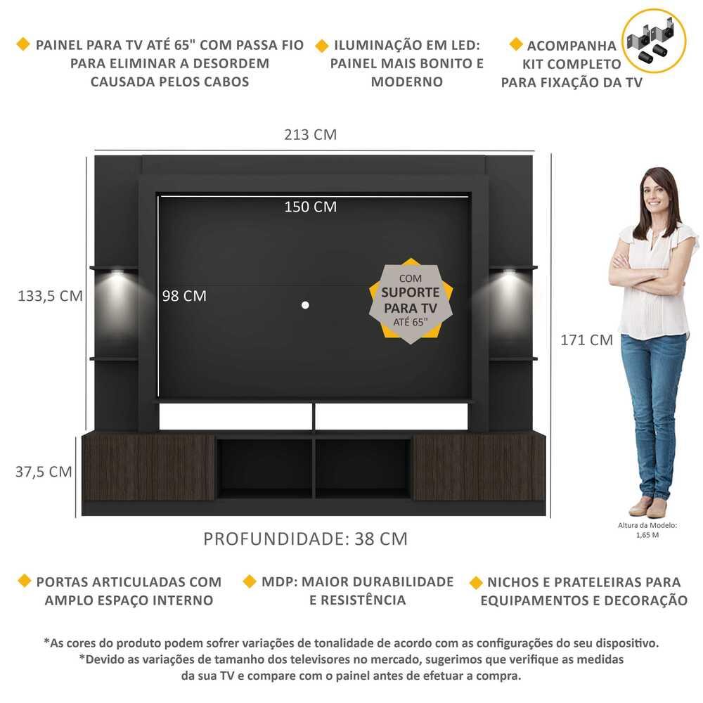 Rack Estante c/ Suporte TV 65" e Leds Berlim Multimóveis Preto/Tenerife
