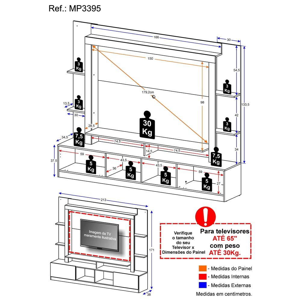 Rack Estante com Painel TV 65" e 2 portas Oslo Multimóveis Madeirado/Tenerife