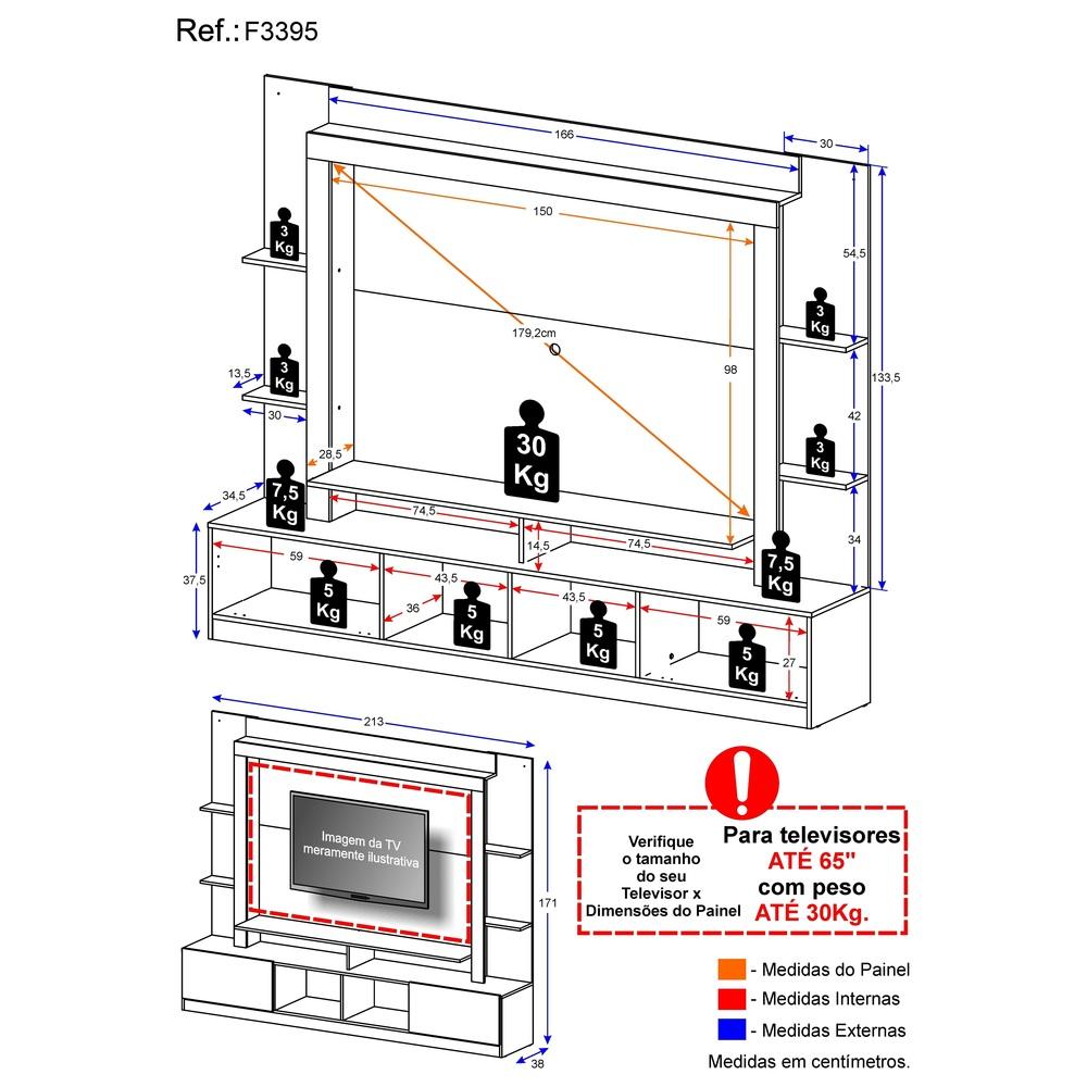 Rack Estante com Painel TV 65" e 2 portas Rio Multimóveis Madeirado/Branco