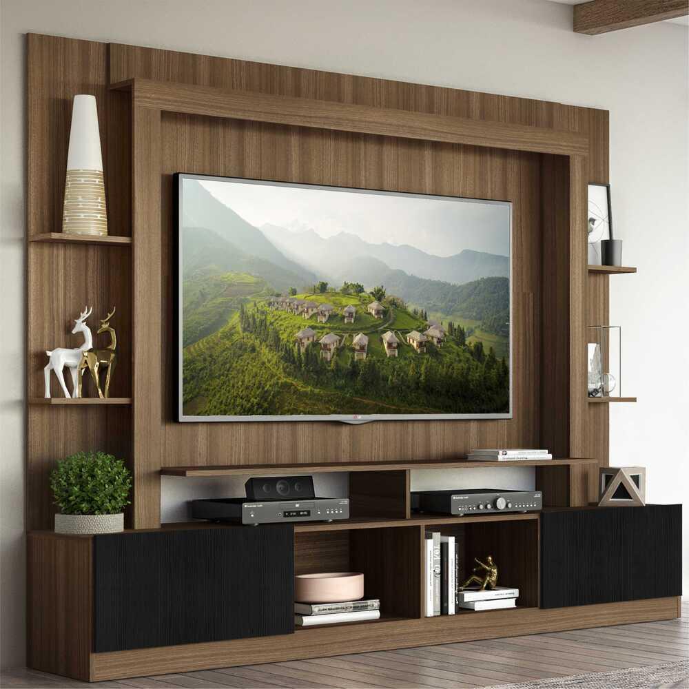 Rack Estante com Painel TV 65" e 2 portas Rio Multimóveis Madeirado/Preto