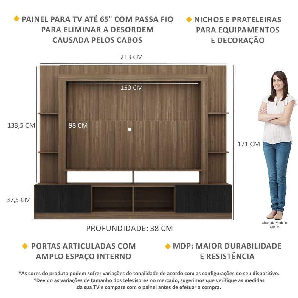 Rack Estante com Painel TV 65" e 2 portas Rio Multimóveis Madeirado/Preto