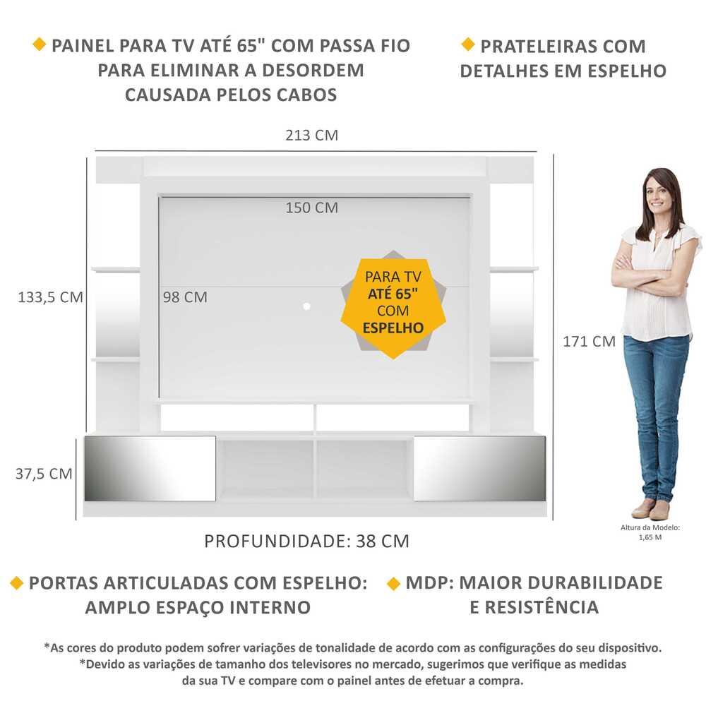 Rack Estante com Painel TV 65" e Espelho Oslo Multimóveis Branco/Lacca Fumê