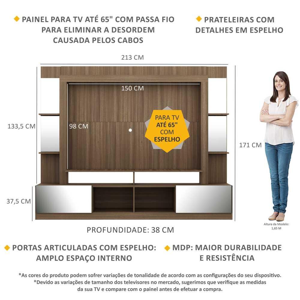 Rack Estante com Painel TV 65" e Espelho Oslo Multimóveis Madeirado/Tenerife
