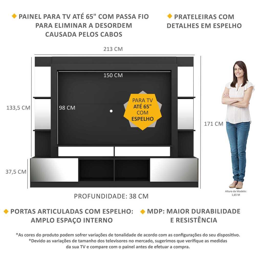 Rack Estante com Painel TV 65" e Espelho Oslo Multimóveis Preto/Lacca Fumê
