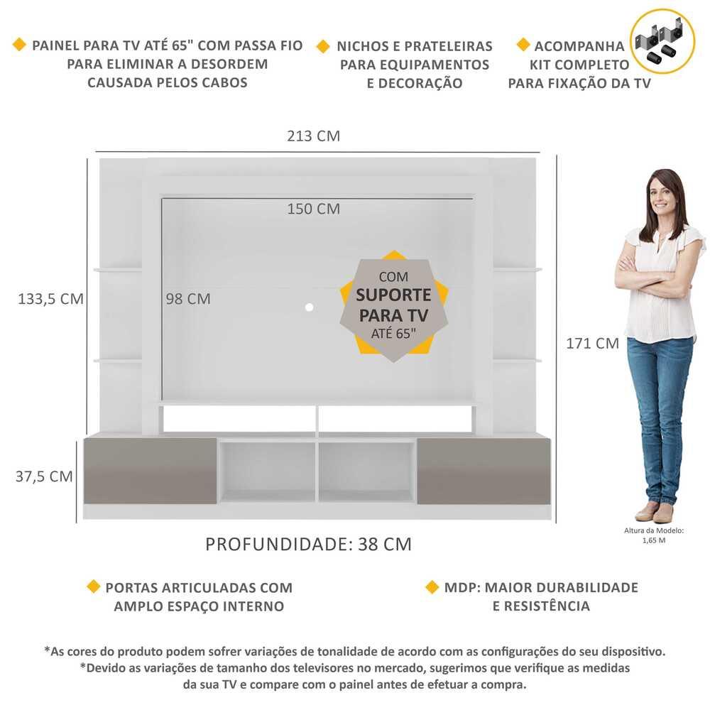 Rack Estante com Painel e Suporte TV 65" e 2 portas Catar Multimóveis BR3386 Branco/Lacca Fumê